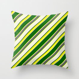 [ Thumbnail: Beige, Dim Gray, Dark Green & Yellow Colored Lined Pattern Throw Pillow ]