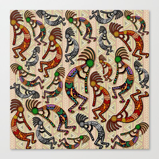 Kokopelli Rainbow Colors On Tribal Pattern Canvas Print By Bluedarkatlem Society6