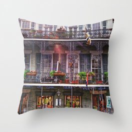 Sunny New Orleans French Quarter Nola Home with Iconic Blue Gray Architecture and Botanical Greenery Throw Pillow