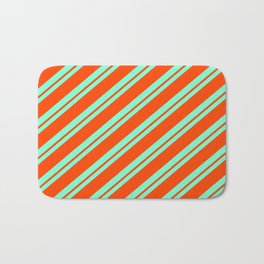 [ Thumbnail: Aquamarine and Red Colored Stripes Pattern Bath Mat ]