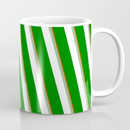 [ Thumbnail: Red, Dark Sea Green, White, and Green Colored Stripes/Lines Pattern Coffee Mug ]