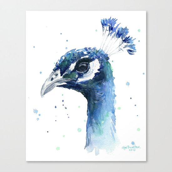 Peacock Watercolor Painting Bird Animal Canvas Print