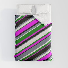[ Thumbnail: Eyecatching Slate Gray, White, Green, Fuchsia, and Black Colored Striped Pattern Duvet Cover ]