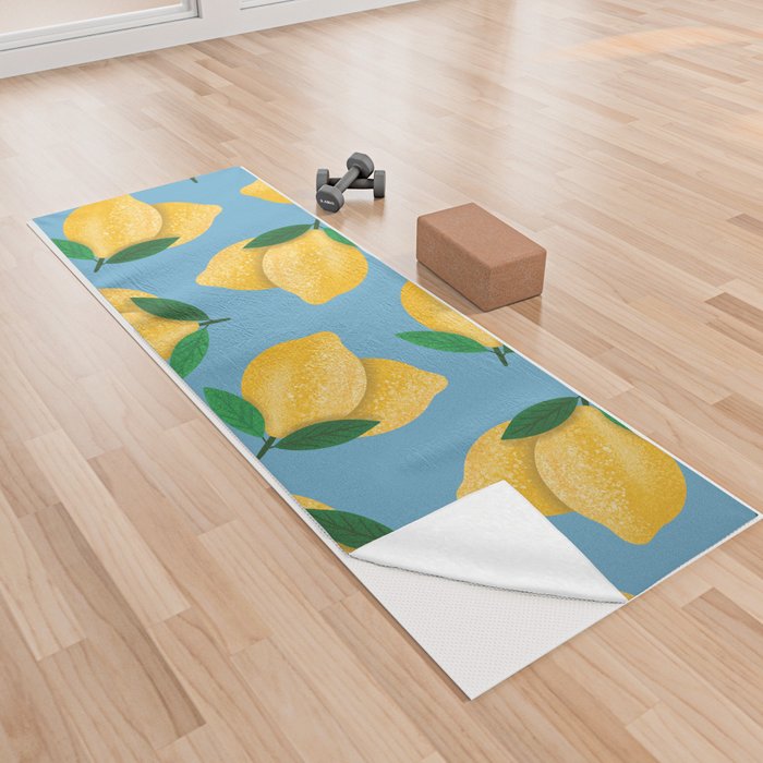 Summer Lemon Pattern Blue Yoga Towel