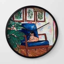Ginger Cat on Blue Mid Century Chair Painting Wall Clock