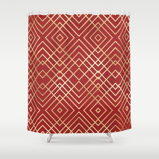 Modern Chinese Red Art Deco Geometric Pattern Shower Curtain By