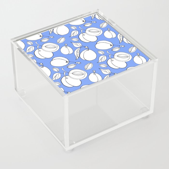 White plum pattern on a blue background. Linear drawing. Acrylic Box