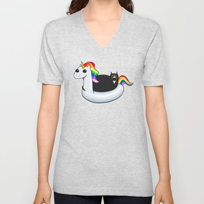 Chonky Cat on Rainbow Unicorn Floatie V Neck T Shirt