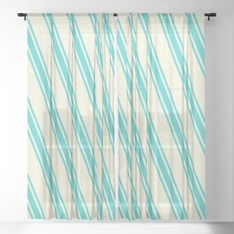 [ Thumbnail: Beige and Turquoise Colored Lined/Striped Pattern Sheer Curtain ]