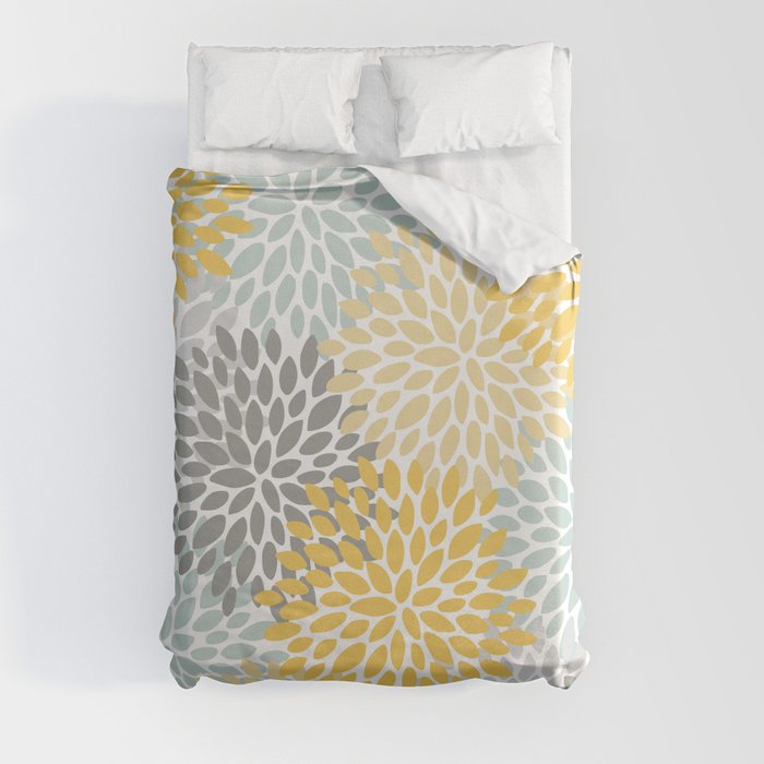 Floral Pattern, Yellow, Pale, Aqua and Gray Duvet Cover