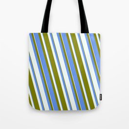 [ Thumbnail: Mint Cream, Green & Cornflower Blue Colored Striped/Lined Pattern Tote Bag ]