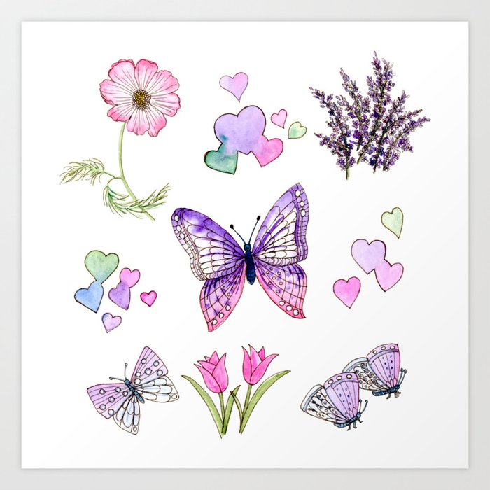 Butterflies and Flowers Art Print