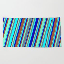 [ Thumbnail: Colorful Aquamarine, Slate Gray, Cyan, Blue & Sienna Colored Striped/Lined Pattern Beach Towel ]