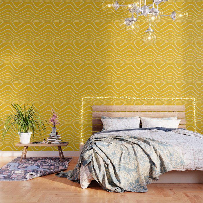 Abstract Retro Wavy lines pattern - Mikado Yellow and White Wallpaper
