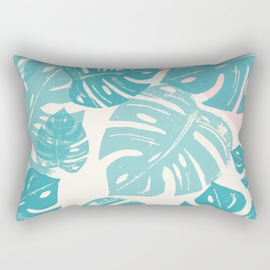 Linocut Monstera Rosy Rectangular Pillow