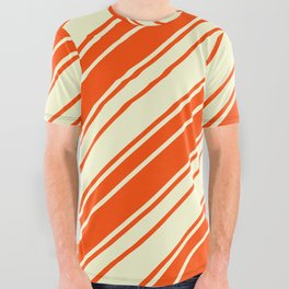 [ Thumbnail: Red & Light Yellow Colored Lines/Stripes Pattern All Over Graphic Tee ]