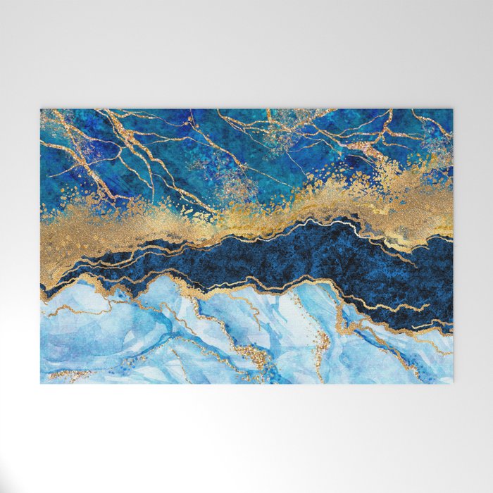 Blue & Gold Watercolor Abstract Art Welcome Mat
