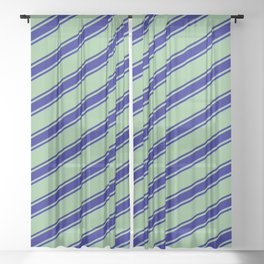 [ Thumbnail: Dark Sea Green and Blue Colored Lined/Striped Pattern Sheer Curtain ]