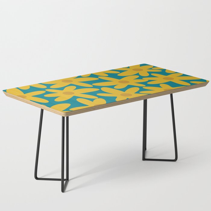 Daisy Time Retro Floral Pattern in Moroccan Teal Blue, Mustard, and Ochre Coffee Table