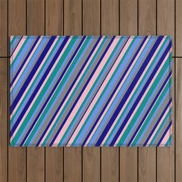 [ Thumbnail: Dark Cyan, Cornflower Blue, Grey, Blue & Pink Colored Stripes/Lines Pattern Outdoor Rug ]