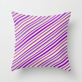 [ Thumbnail: Dark Violet, Grey, and Beige Colored Striped Pattern Throw Pillow ]