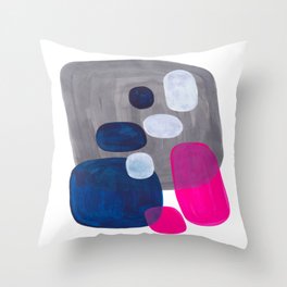 Mid Century Modern Minimalist Colorful Pop Art Grey Navy Blue Neon Pink Color Blobs Ovals Throw Pillow