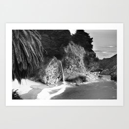 Big Sur; Julia Pfeiffer Burns state park, Mcway Falls Pacific Coast Highway coastal beach black and white landscape photograph - photography - photographs Art Print