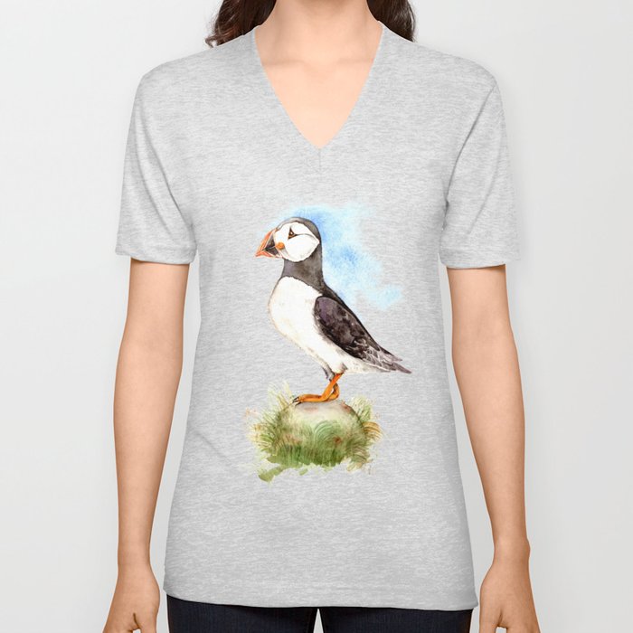 Puffin on a Rock V Neck T Shirt