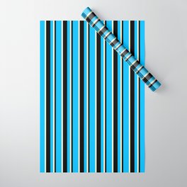 [ Thumbnail: Deep Sky Blue, Black, and Light Yellow Colored Lines Pattern Wrapping Paper ]
