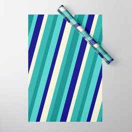 [ Thumbnail: Eye-catching Light Sea Green, Dark Cyan, Turquoise, Blue, and Beige Colored Stripes/Lines Pattern Wrapping Paper ]