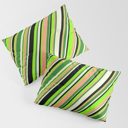 [ Thumbnail: Eyecatching Chartreuse, Light Salmon, Forest Green, Beige & Black Colored Striped/Lined Pattern Pillow Sham ]