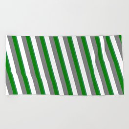 [ Thumbnail: Grey, White, Sea Green, and Green Colored Stripes/Lines Pattern Beach Towel ]