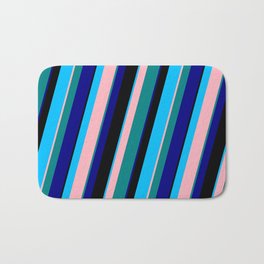 [ Thumbnail: Colorful Deep Sky Blue, Light Pink, Teal, Blue & Black Colored Lined Pattern Bath Mat ]