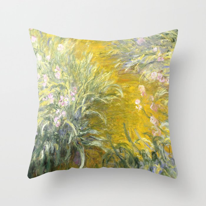 The Path through the Irises floral iris landscape painting by Claude Monet in alternate yellow Throw Pillow