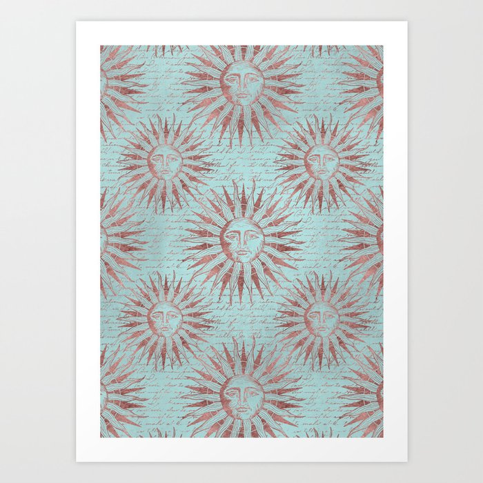 Ancient Sun Face Copper And Teal Art Print