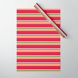 [ Thumbnail: Light Salmon, Crimson, White & Dark Green Colored Striped Pattern Wrapping Paper ]