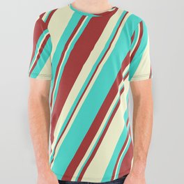 [ Thumbnail: Brown, Light Yellow, and Turquoise Colored Lined Pattern All Over Graphic Tee ]