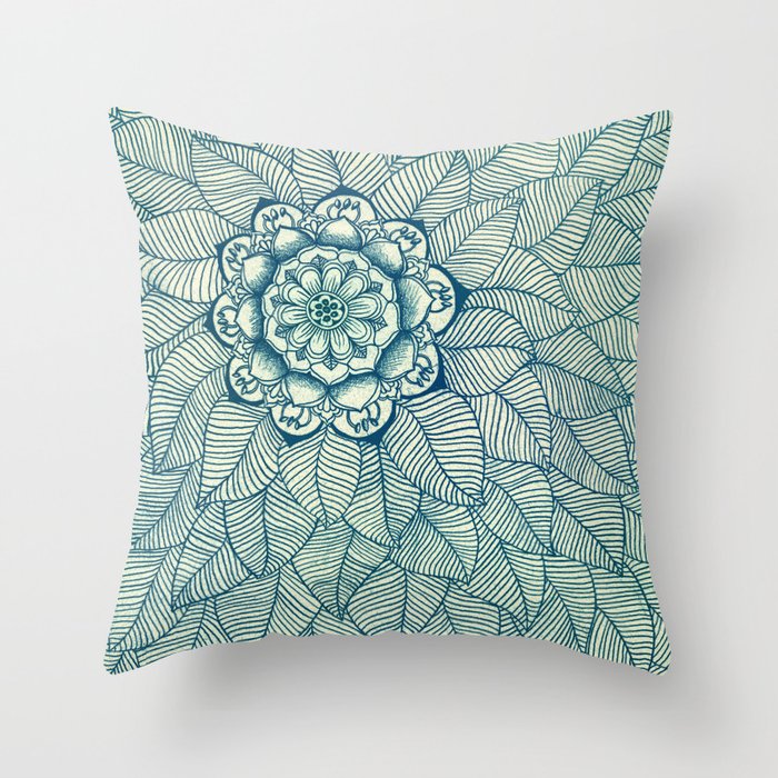 Emerald Green Navy Cream Floral Leaf Doodle Throw Pillow By