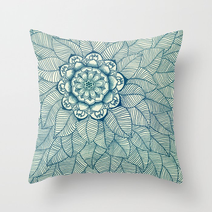 Emerald Green, Navy & Cream Floral & Leaf doodle Throw Pillow