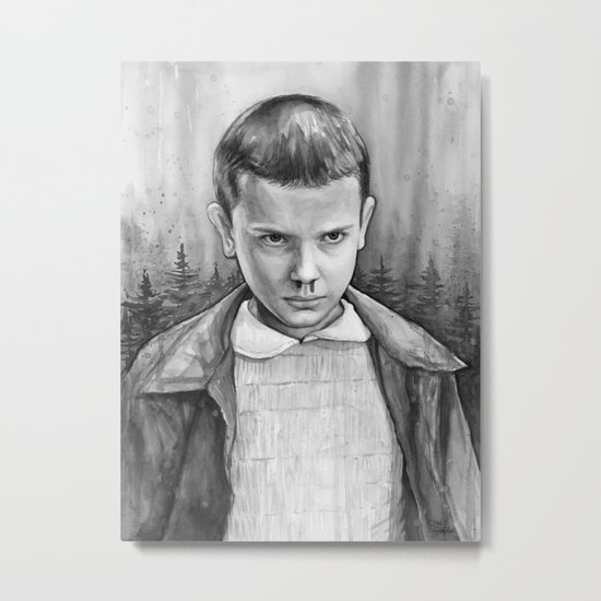Stranger Things Eleven Watercolor Painting Black and White Metal Print