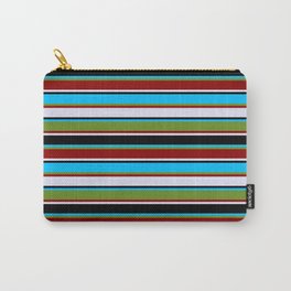 [ Thumbnail: Eyecatching Deep Sky Blue, Green, Dark Red, Lavender, and Black Colored Lines/Stripes Pattern Carry-All Pouch ]