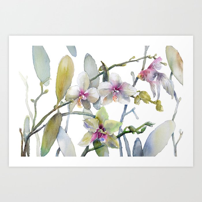 White and Pink Magnolias, Goldfish hiding, Surreal Art Print