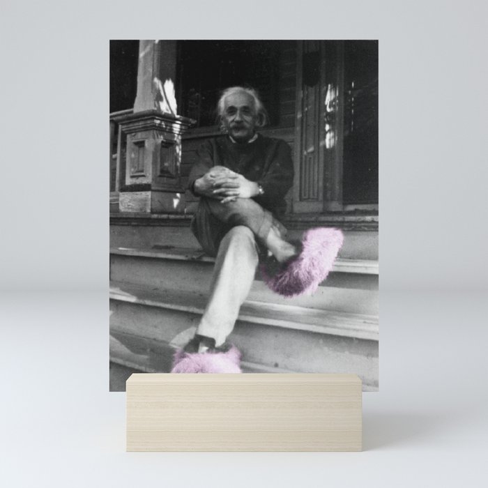 Satirical Einstein in Fuzzy Pink Slippers Classic E = mc² Black and White Satirical Photography  Mini Art Print