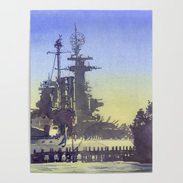 Exterior of Battleship North Carolina at sunset in the coastal city of Wilmington, NC.  Watercolor painting Battleship Wilmington NC artwork. Poster