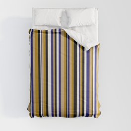 [ Thumbnail: Tan, Dark Goldenrod, Black, White & Midnight Blue Colored Lines/Stripes Pattern Comforter ]