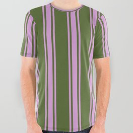 [ Thumbnail: Dark Olive Green & Plum Colored Striped/Lined Pattern All Over Graphic Tee ]