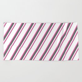 [ Thumbnail: White, Hot Pink & Dim Gray Colored Striped Pattern Beach Towel ]