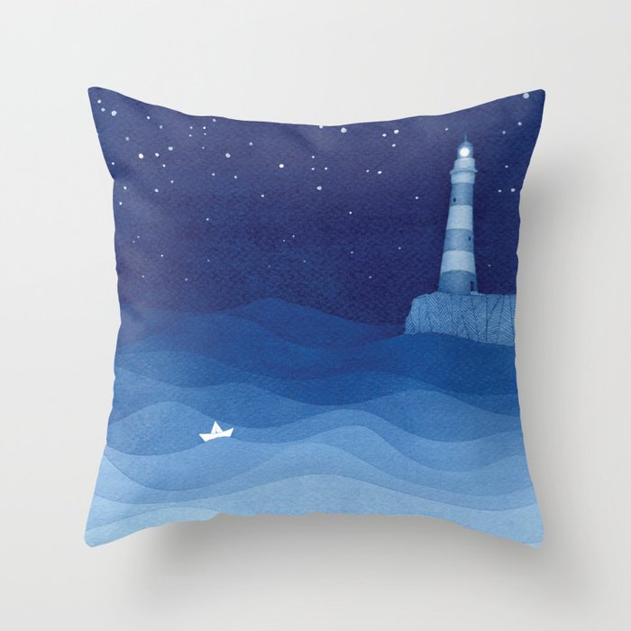 Lighthouse & the paper boat, blue ocean Throw Pillow