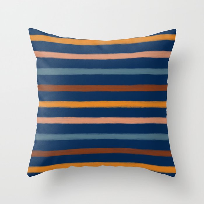 Blue and Brown Autumn Stripes Painted Pattern Throw Pillow