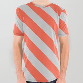 [ Thumbnail: Light Grey and Red Colored Striped/Lined Pattern All Over Graphic Tee ]